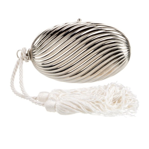 ISO Saks Fifth Avenue Metal Evening Bag Clutch Wristlet Fringe Rope - Picture 1 of 2